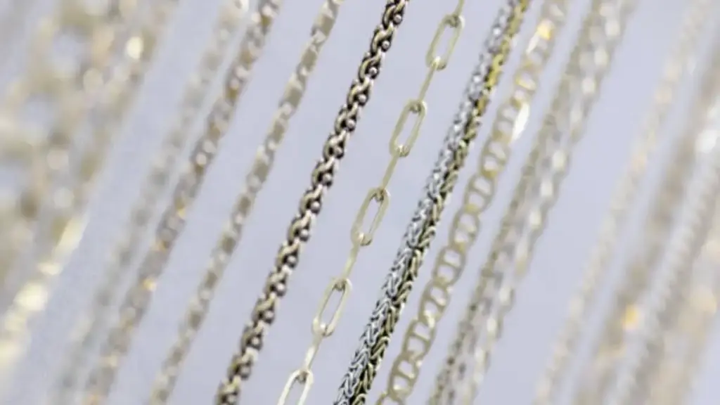 Close up of hanging silver chain necklaces on a jewelry display