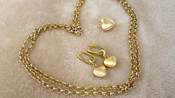 Gold Plated Silver Jewelry Set With Heart Pendant And Heart Earrings